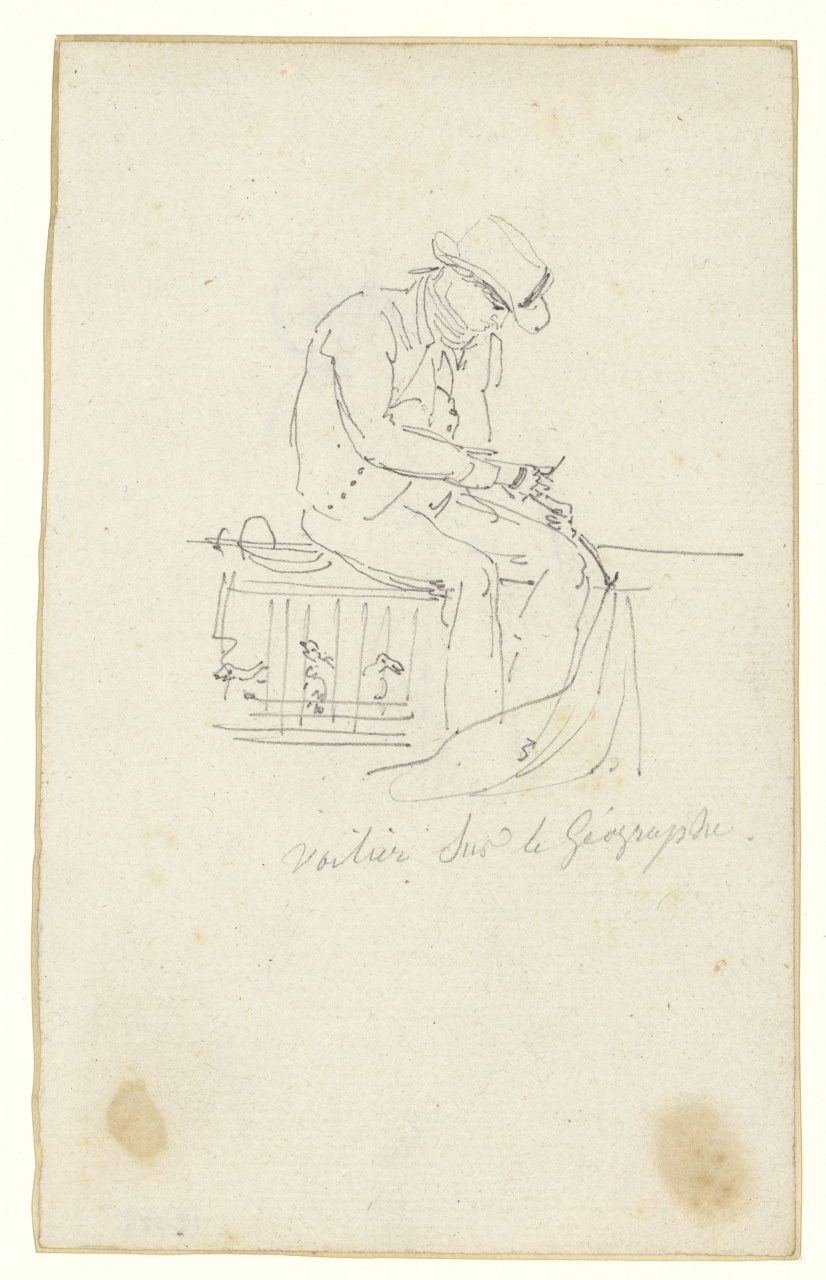 « Voilier sur le Géographe » Charles-Alexandre Lesueur 1800 ou 1801 Crayon graphite sur papier 15 x 9,5 cm Ce matelot coud des voiles sans doute endommagées. Il est assis sur une caisse contenant des volailles, réserve de nourriture MHN Le Havre, inv. 13025